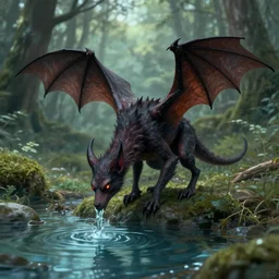 concept art creature with bat wings and diabolic drinking water from a river in the forest