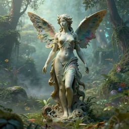 an ultrafine detailed airbrush corrupted sculpture of a gorgeous nymph, in an dreamy heavenly atmospheric lush landscape, surrealism, mist, dystopian, abstract illusionism, breaking apart, psychedelic, metaphysical, zbrush, cgsociety, deviantart