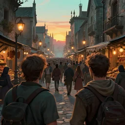 close behind the back of two fantasy adventurers, extreme close up of two adventurers in street, busy market street, big crowd, sunset, street lamps, fantasy medieval city, extremely crowded, spice shop, royo, greg rutkowski, digital art, cinematic, teal orange color palette