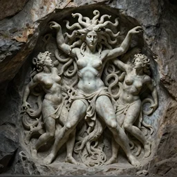 cinematic action still of Medusa carving humans out of the rocks in her cave by Greg Rutkowski, sculptor, 4k, masterpiece, Trending on Artstation