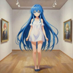 an infinitely detailed museum - quality oil painting, full - body detailed artwork of an anime girl erika furudo from umineko when they cry, long blue hair, by fkey & alphonse, cute - fine - face, beautiful full - body render, trending on artstation, 4 k
