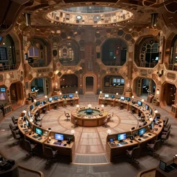 detailed sci - fi art, artstation style, honeycomb halls, interior, futuristic government chambers, very large hall with many cubicles of desks and chairs arranged in circles, many computer screens, soft lamp illumination and multiple doorways, synthwave, futuristic utopian architecture