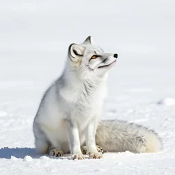 white background, snow blanket, arctic fox sitting down, side view, fox looking up, fox enjoying the sun