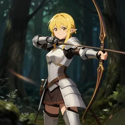 isekai beautiful anime girl armored elven archer standing in dark forest. cute face. aesthetic, golden ratio. beautiful lineart, depth focus, rankings pixiv, artstation, soft lighting, artistic pose, artstation, character concept, cinematic, motion blur, chromatic abberation. by trent kaniuga, kienan lafferty