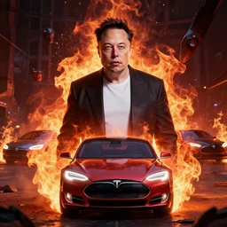 elon musk in hell surrounded by flaming teslas