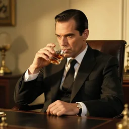 mafia boss sitting behind his desk and sipping his whisky, golden hour, elegant, high quality, striking, high contrast, very detailed, bright colours, smooth, fluid, coherent, high quality, dramatic lighting, by brom and magali villeneuve and mucha