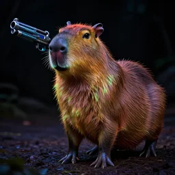 uv-reactive fluorescent ultra-detailed capybara with tommy gun, by dan mumford, 4k HD, artstation HD