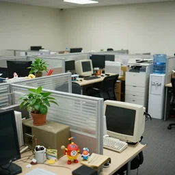 photography of a cheap boring office 8 0 s interior indoors, cubicles, desk toys, a potted plant, desks and old computers, copy machines and water coolers in the background