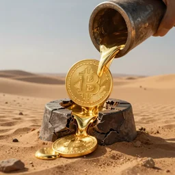 bitcoins melting into gold flow into a crucible which is cracked and leaking into a desert as a metaphor global warming