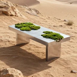 a modern table made of rectangle tetris, made of silver steel and moss, octane render, trending on artstation, on the rough desert slope