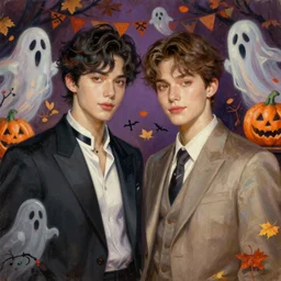 painting of young cute handsome beautiful dark medium wavy hair man in his 2 0 s named shadow taehyung and cute handsome beautiful min - jun together at the halloween! party, ghostly, haunted, ghostly, ghosts, autumn! colors, elegant, wearing suits!, clothes!, delicate facial features, art by alphonse mucha, vincent van gogh, egon schiele