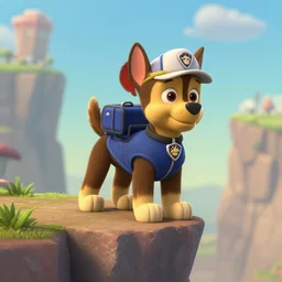 a paw patrol dog on the edge of a cliff, anime, disney, pixar, 8 k, hd, kodak film, volumetric lighting, subsurface scattering, photorealistic, octane render, details, xgen fur