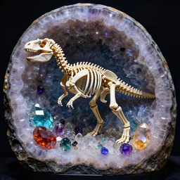 photorealistic dinosaur skeleton inside a geode of colored crystals
