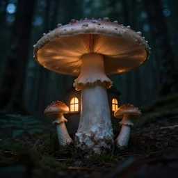 A mushroom house in a tall mushroom, warm light coming from the windows, in a dark forest, macro, cool tones, underexposed, overecast, mysterious matte painting by greg rutkowski and marc simonetti and Ivan Shishkin, 4k