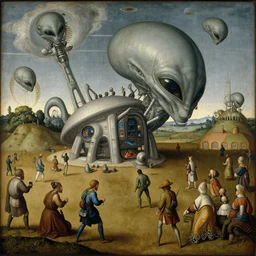 15th century European painting of a high-tech and large scale alien abduction happening over a field