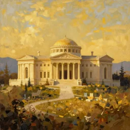oil landscape painting of a gigantic greek mansion, golden hour, concept art, renaissance, warm colors, wallpaper, 4 k, realistic lighting, brushstrokes, ultra - wide, minimalistic, cinematic composition