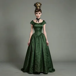 in the style of joshua middleton, artgerm, beautiful audrey hepburn, steampunk, bioshock, full body green dress, elegant pose, middle shot, spooky, symmetrical face symmetrical eyes, three point lighting, detailed realistic eyes, short neck, insanely detailed and intricate elegant