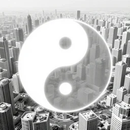 a faint yin - yang daoist symbol superimposed on the futuristic cityscape in a utopian well - organized society, black and white multiscale