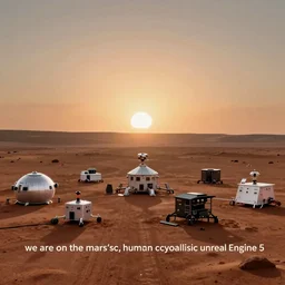 « we are on the mar's surface, human colony, sunrise on mars, far view, photorealistic, unreal engine 5, sharp focus »