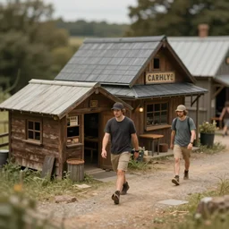 walking taverns with clawed feet, exterior landscape shot, tilt-shifted, high quality art, 4k