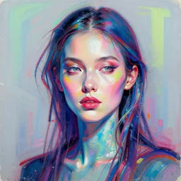 female cyberpunk portrait by cy Twombly and BASTIEN LECOUFFE DEHARME, iridescent, volumetric lighting