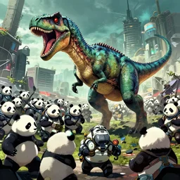 a cyberpunk dinosaur war against an army of cyborg pandas, masamune shirow