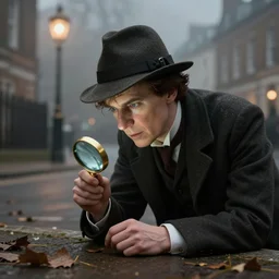 sherlock holmes in deerstalker hat looking through magnifying glass at ground, highly detailed, london background, foggy night, aubrey beardsley