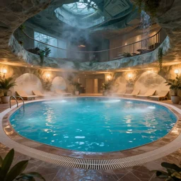 swimming pool of a thermal fitness center, with hot spring, cinematic lighting, exaggerated detailed, unreal engine, art by greg rutkowski & peter mohrbacher