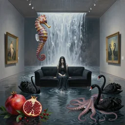 painting of a flooded art gallery, black lounge, a tall emo girl, art gallery interior, waterfall, sensual, seahorse, pomegranates, berries, octopus, zen, black swans, surrealist, by magritte and monet
