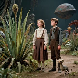 detailed, sharp, a girl and a boy standing next to some strange wild alien plants, looking happy, wearing 1860s era clothes, their small pet tiny alien creature is standing nearby, in a park on a strange alien planet, extremely highly detailed, 70mm still from a classic period sci fi color blockbuster movie, 4k, high quality lighting, sharp focus