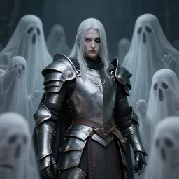 armored cleric whose surrounded by ghosts, one of his eyes is gray, photorealism