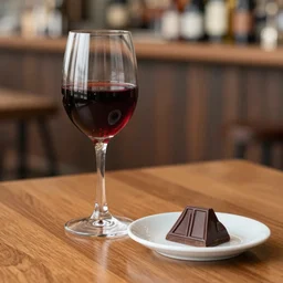 a glass of ruby porto on a wooden table in a bar, a piece of dark chocolate on a little plate next to the glass, nice angle, caustics effects, professional food photography