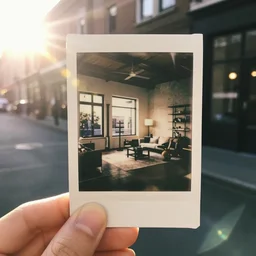 hand holding polaroid photo of interior design house, sunday morning, sun, bokeh, lens flare hit camera, yellow light, diffuse light, instagram trending picture, instagram filter, vintage photography, grainy, light leaks, polaroid