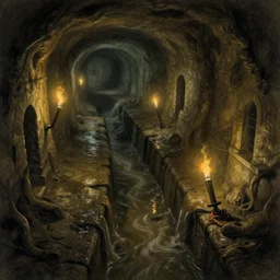 intersection of flooded sewer tunnels. fantasy art, underground, stream, musty, sewage, darkness, underground, catacombs, abandoned spaces, torchlight. sketch art earthdawn campaign setting. myth drannor. parlainth. by fred fields.