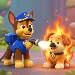marshall from paw patrol using a water hose to extinguish the burning paw patrol base flames, movie poster, intricate detail, 8 k, trending on artstation, octane render
