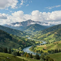A highly detailed matte painting of A vast and beautiful landscape spreads out before you, with rolling hills, verdant forests, and crystal-clear rivers. In the distance, towering mountains loom, their peaks lost in the clouds. Above it all hangs a brilliant blue sky, dotted with fluffy white clouds, by Caspar David Friedrich, trending on artstation.
