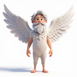 bearded angel with white wings, stylized pixar-style 3d render, full body, standing, isolated on a pure white background, centered, whole figure in frame, sharp focus, studio lighting