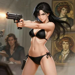 portrait of kenzie dalton as a anime spy girl, hourglass slim figure, wearing black bikini, firing a gun in a fierce battle, body portrait, smirk, highly detailed, digital painting, artstation, concept art, sharp focus, illustration, art by wlop and greg rutkowski and alphonse mucha and artgerm