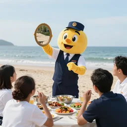 4 5 mm 1 9 8 7 cooking food photography of an corporate mascot at a beach summoning a mirror, photography by tyler mitchell johfra bosschart