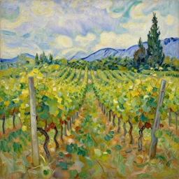 trending on artstation, an idyllic vineyard, oil on canvas, matte painting, in the style of Vincent van Gogh