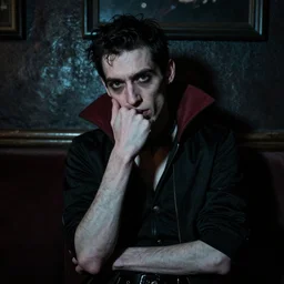 night portrait of a neurotic skinny british man vampire feeling confidant in a trap house f / 1. 4 hdr corpse