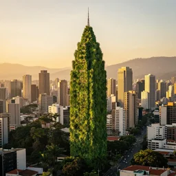 a city made of green leafs in south america, golden hour, central composition, cinestill 8 0 0 t