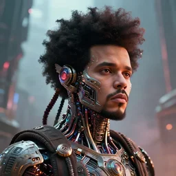 a shamanic cyborg made from intricate alien technology with the face of the weeknd in futuristic dreamscape detailed artwork, extremely detailed and high quality, global illumination, octane render, digital art trending on artstation