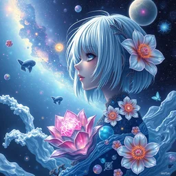 rei ayanami, deep space, seascape, grimes, lain iwakura, silver hair, masterpiece by shikinami asuka langley, ernst haeckel, cosmos, psychedelic flowers, black opal, rainbow aura quartz, organic, oni compound artwork, of character, render, artstation, portrait, wizard, beeple, art, fantasy, epcot,