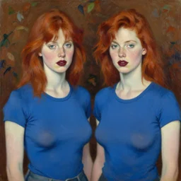 expressive medium shot portrait of two pale sexy young 8 0 s models hot busty women with tomboy red hair and freckles, big maroon lips, wearing a blue tight tshirt, brown foliage background, oil painting, impasto, muted colors, artwork by lucian freud, arnold bocklin, paula rego