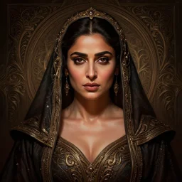 head-on centered symmetrical painted portrait, Kareena Kapoor Khan as a D&D Mage, intricate fantasy robes, dramatic lighting, intricate, fantasy, intricate, elegant, highly detailed, digital painting, smooth, sharp focus, illustration, dramatic lighting, artstation, in the style of Artgerm and Anna Podedworna