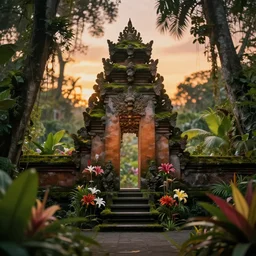 a jungle temple surrounded by tropical flowers and moss, with a sunset, by alex horley, bokeh photography