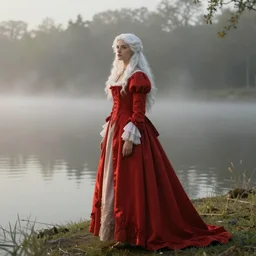 a stunning painting of a beautiful lady with white long hair and dressed with a red victorian cloak, standing in a lake, mist, morning light, dreamy atmosphere, cinematic