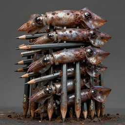 pencils of tiered squids as mainframe, brutalist and medical, filthy, putrid chrome dip, rusted to corrosion by wayne d barlowe, stefano tamburini, torch light, muted colors, epic, hyper detailed, awe inspiring, award winning horror, hyper realism, cinematic