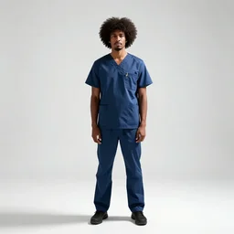 afro-haired surgeon in scrubs, cinematic studio photo, full body, standing, isolated on a pure white background, centered, whole figure in frame, sharp focus, studio lighting